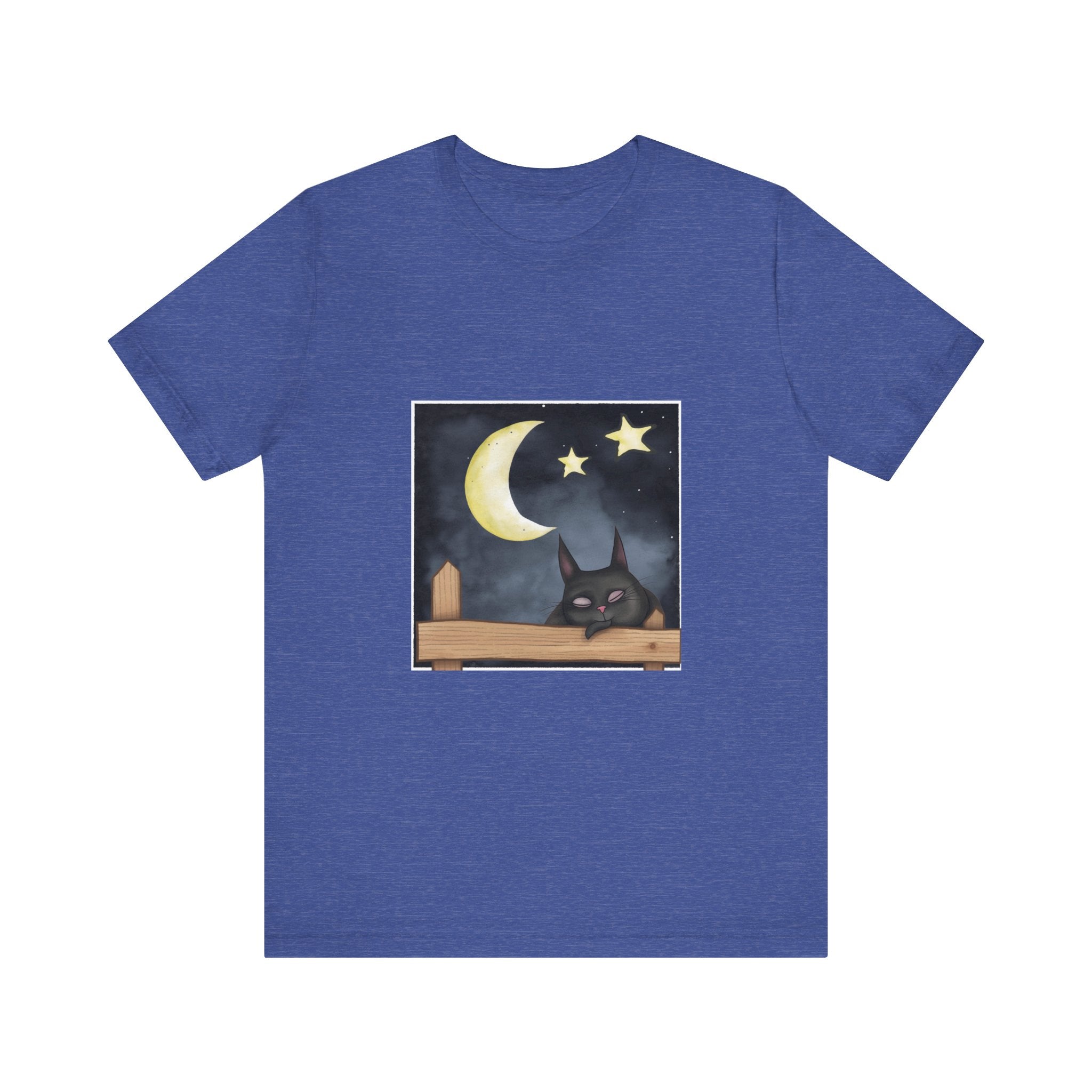 A cozy black t-shirt featuring a sleepy cat gazing at the moon on a tranquil night