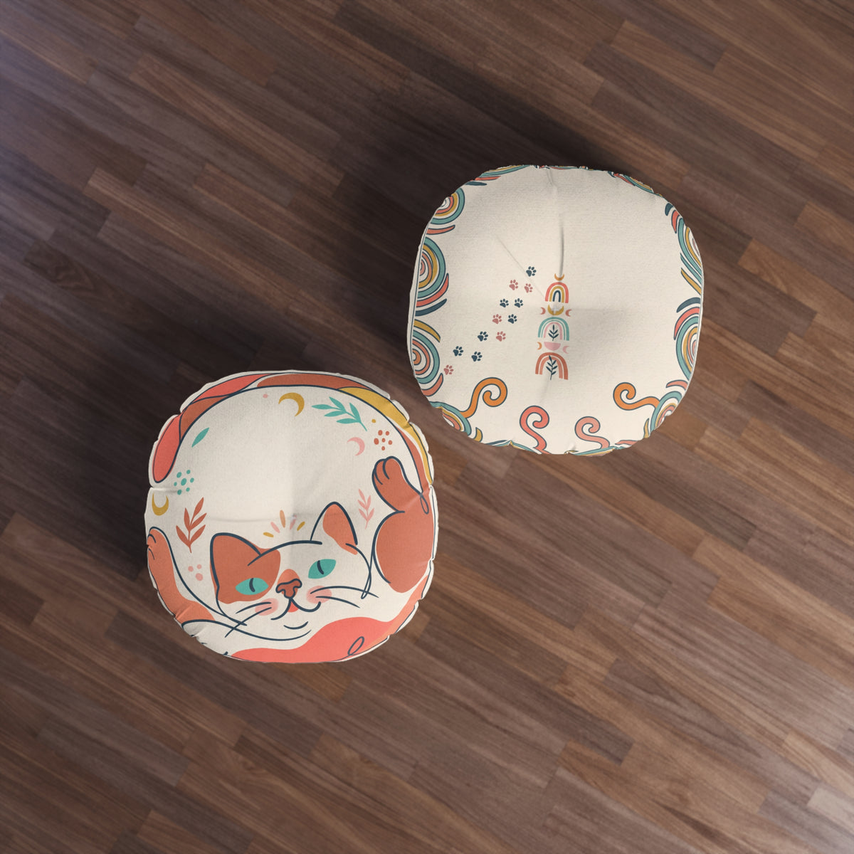 Round Tufted Floor Pillow — Boho Cat Illustration