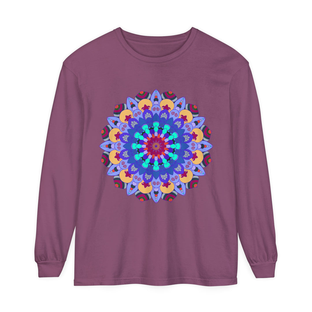 Colorful and intricate mandala design featured on a long sleeve t-shirt