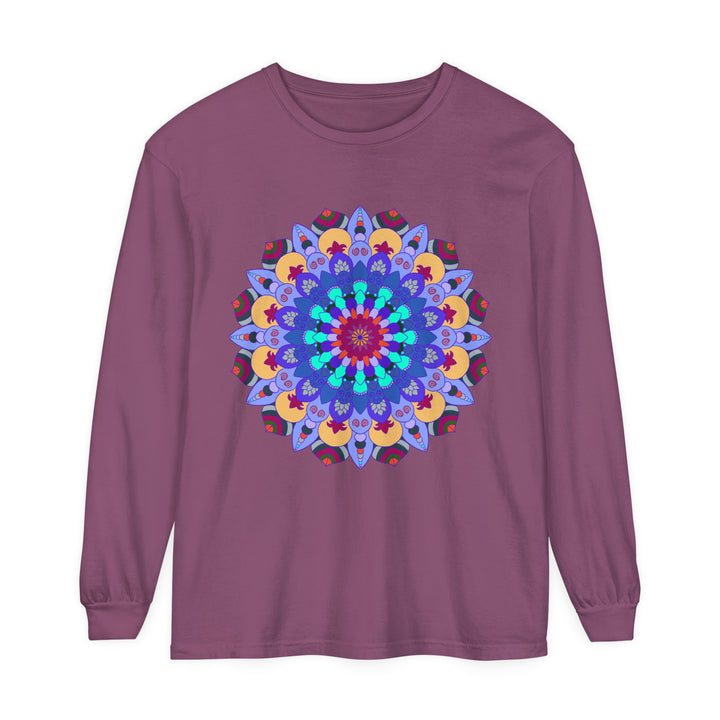 Colorful and intricate mandala design featured on a long sleeve t-shirt