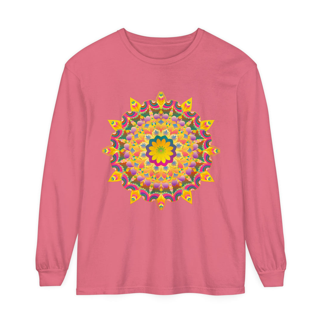 Vibrant and intricate psychedelic mandala design printed on a long sleeve t-shirt