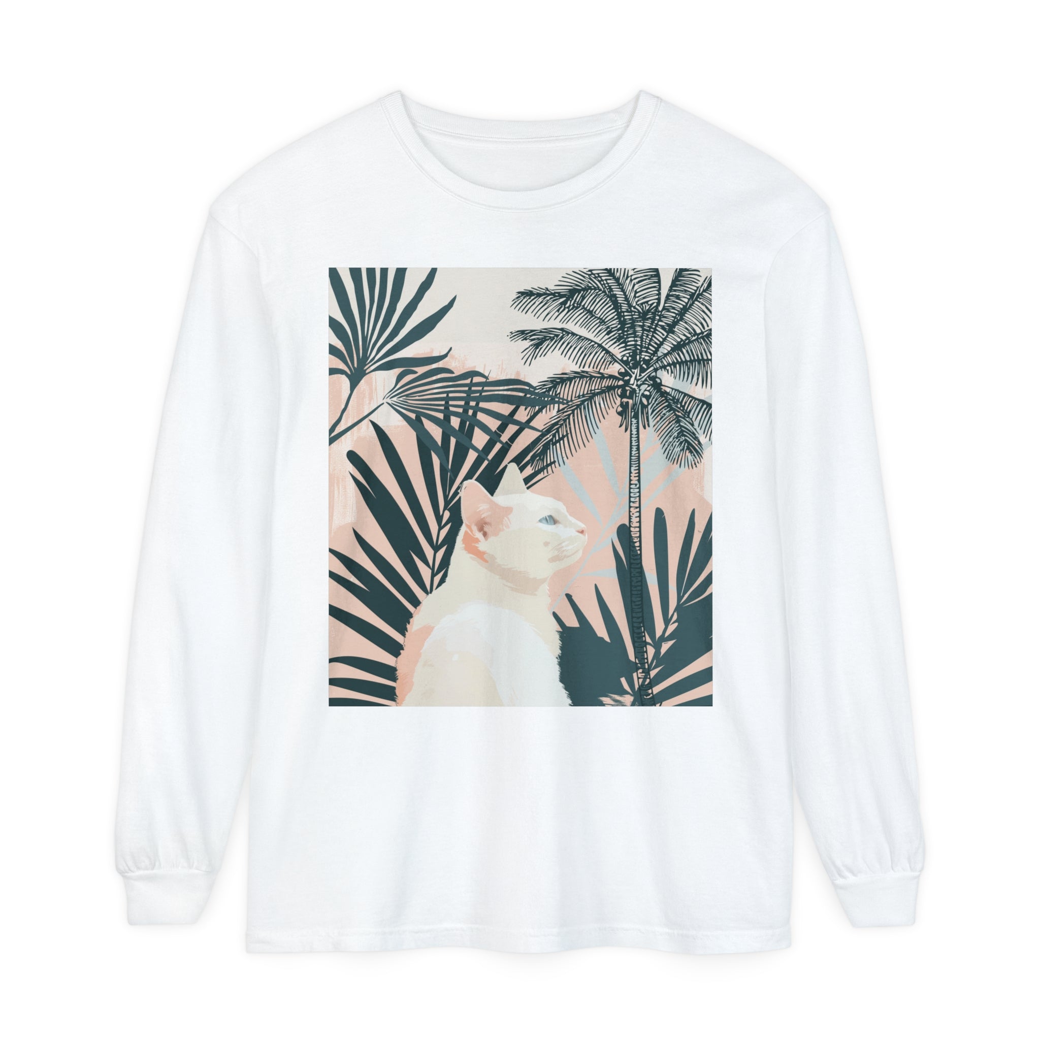 White Cat Tropical Mandala Long Sleeve T-Shirt with vibrant tropical design