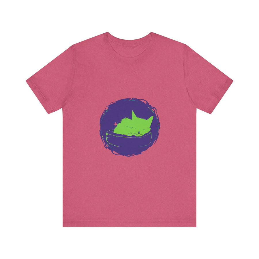 A black t-shirt featuring a mysterious and whimsical design of a sleeping cat on a moonlit background
