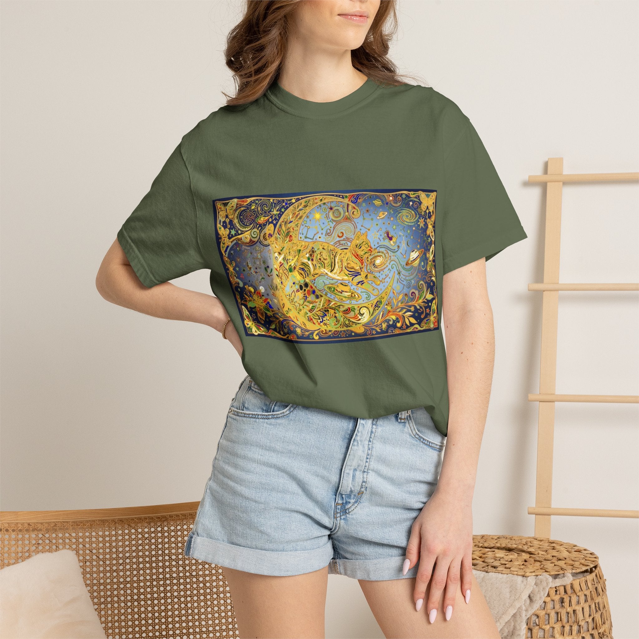 Crescent Cat & Moon T-Shirt — Vintage Celestial Tee