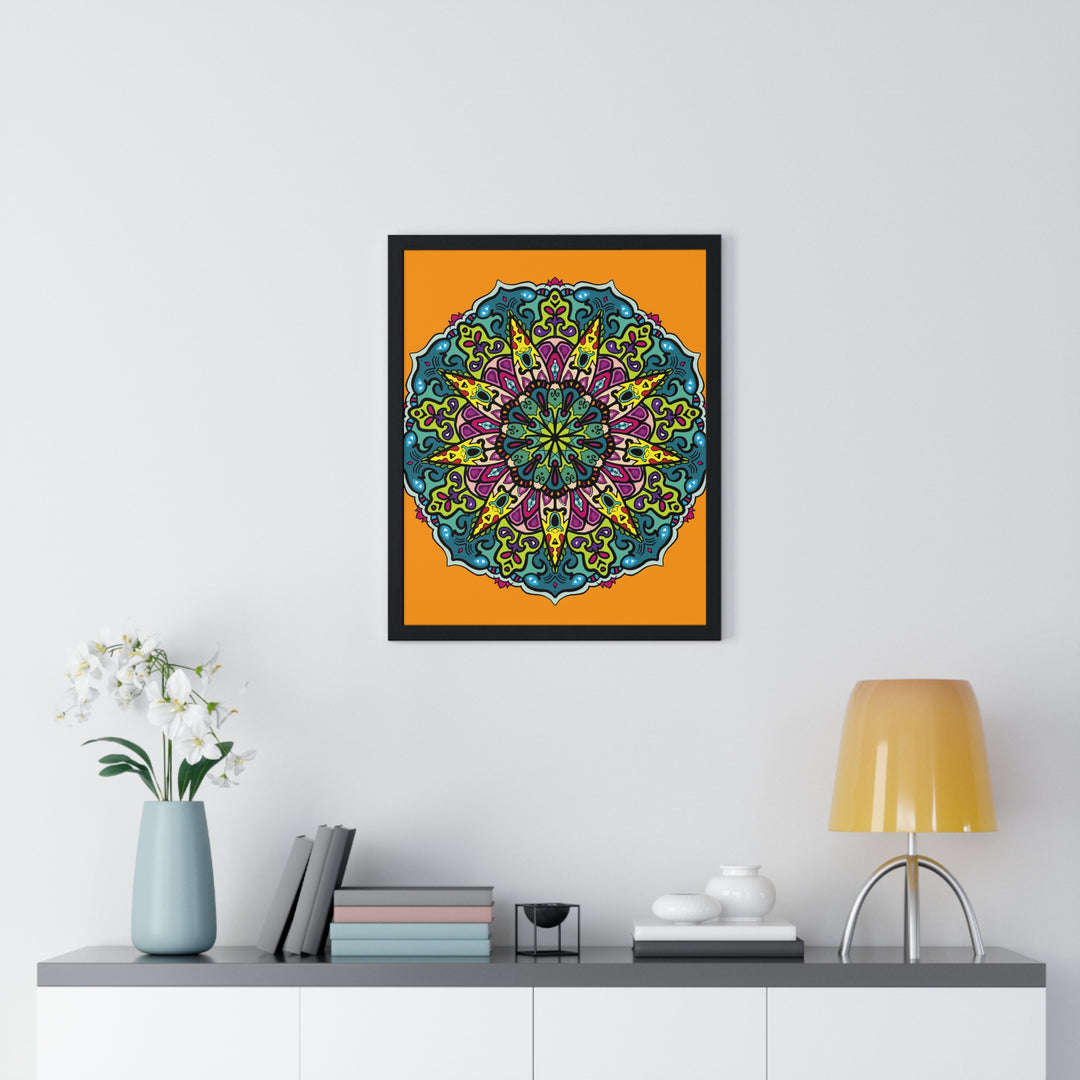 A detailed and intricate hand-drawn orange mandala art poster for mindfulness and yoga