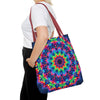 Colorful and intricate psychedelic mandala pattern printed on a spacious tote bag