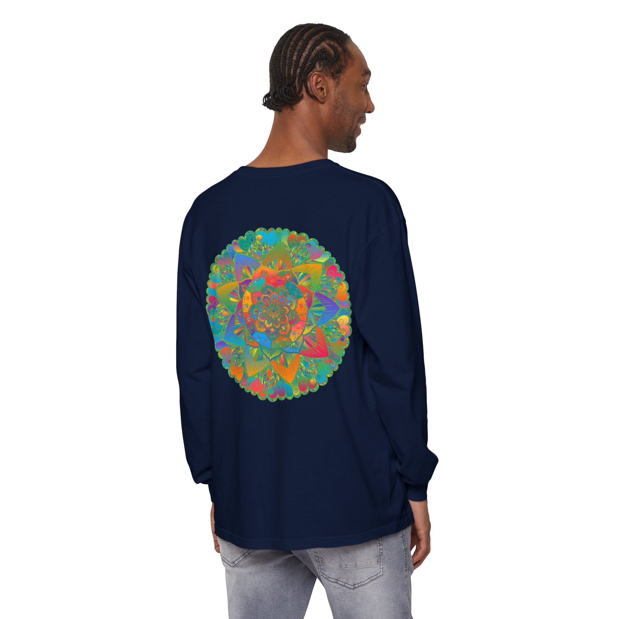 Colorful and intricate mandala design on a unisex long sleeve t-shirt