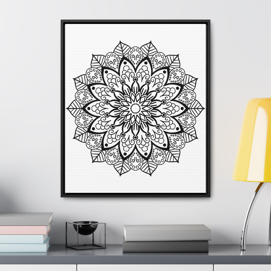 Handmade black and white mandala art on gallery canvas wraps with vertical frame