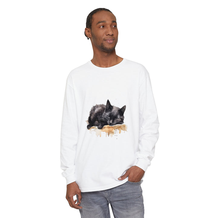 A detailed watercolor painting of a black cat sleeping on a t-shirt