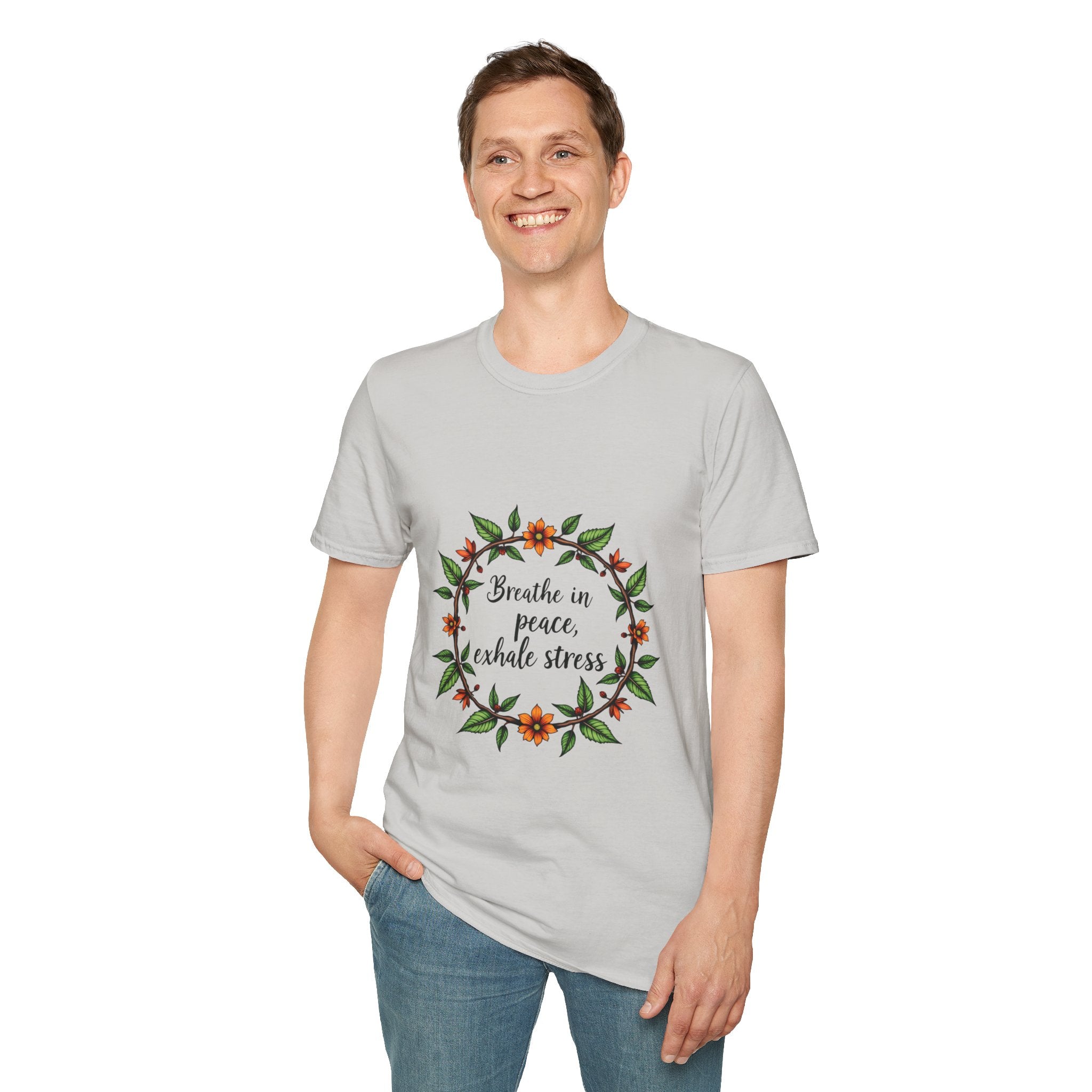 White t-shirt with colorful floral garland design and the text 'Breathe in Peace Exhale Stress' in cursive font