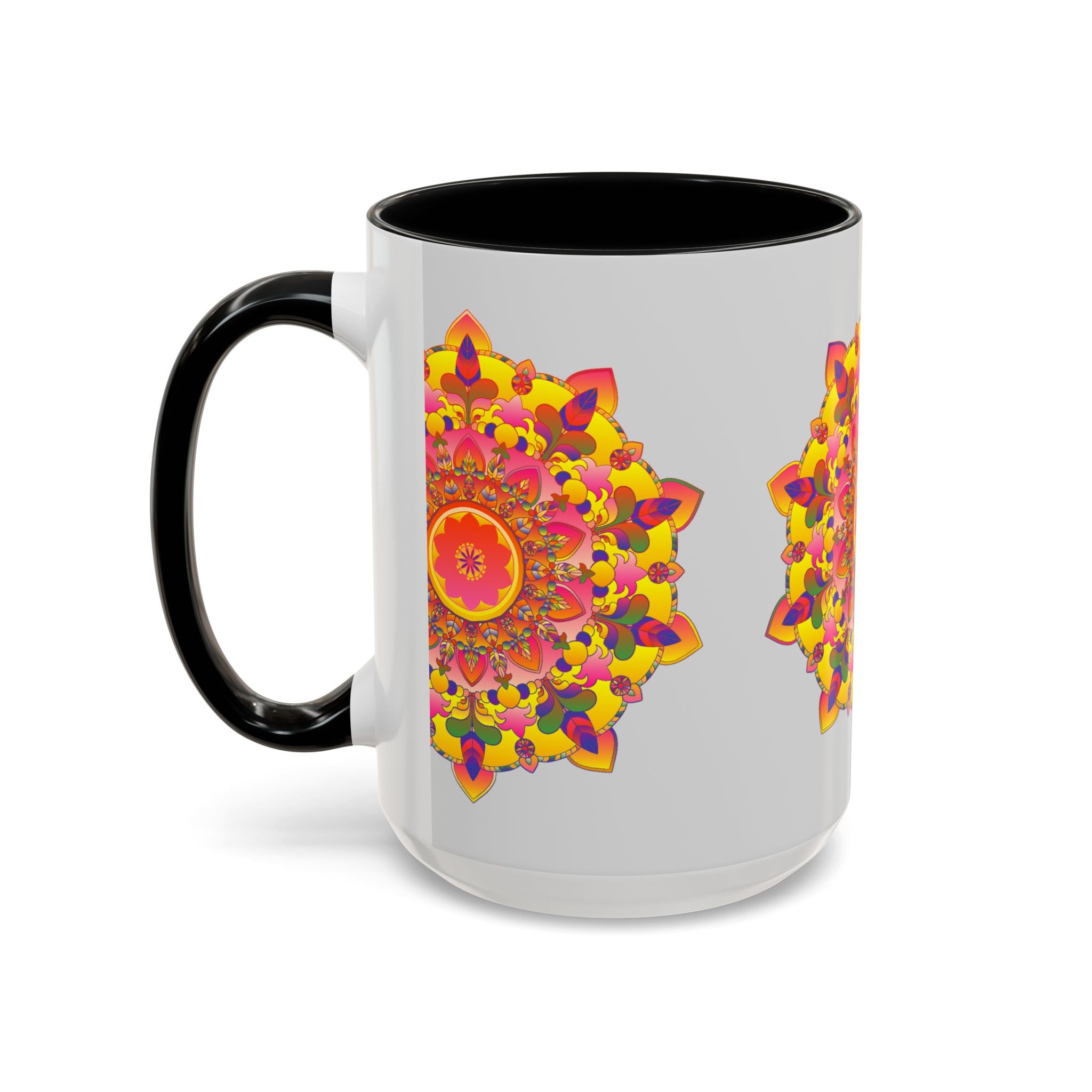 A vibrant and detailed mandala art mug featuring intricate patterns and colorful design