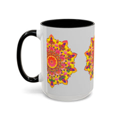 A vibrant and detailed mandala art mug featuring intricate patterns and colorful design