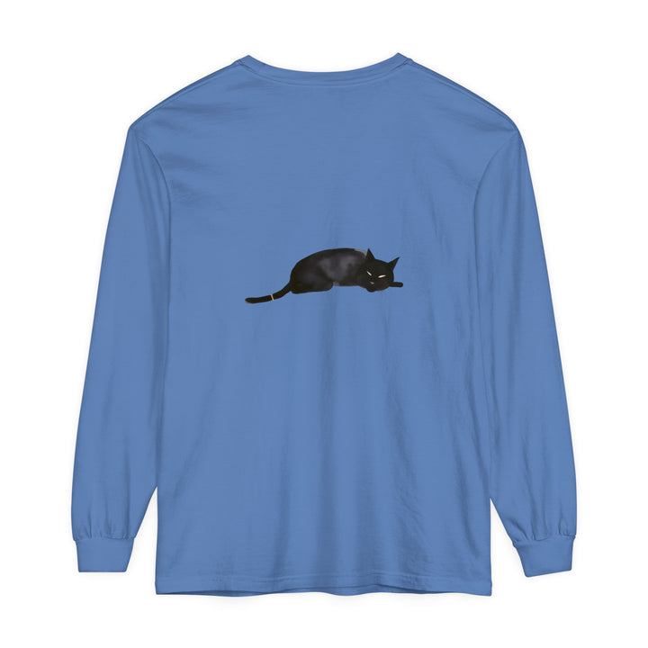 Cozy and adorable unisex long sleeve t-shirt featuring a sleeping black cat design