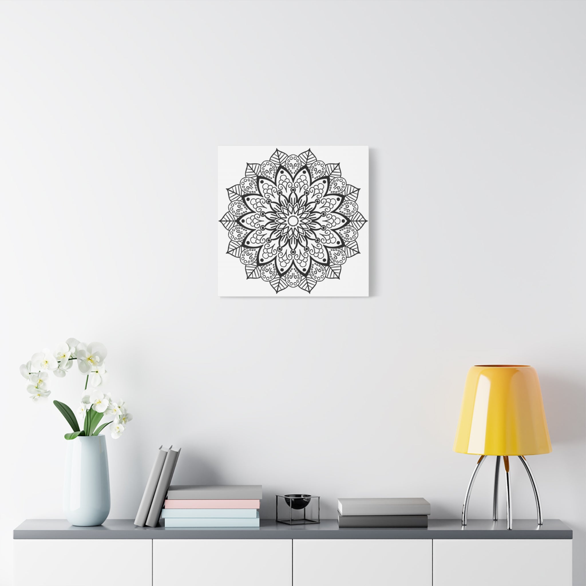 Handmade black and white mandala art on matte canvas