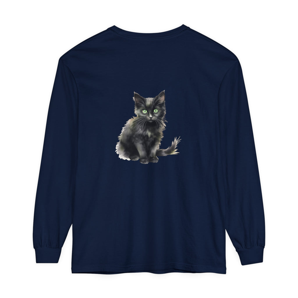 Black Cat Watercolor T-Shirt with Green Eyes, a unique and stylish fashion item for feline lovers and art enthusiasts