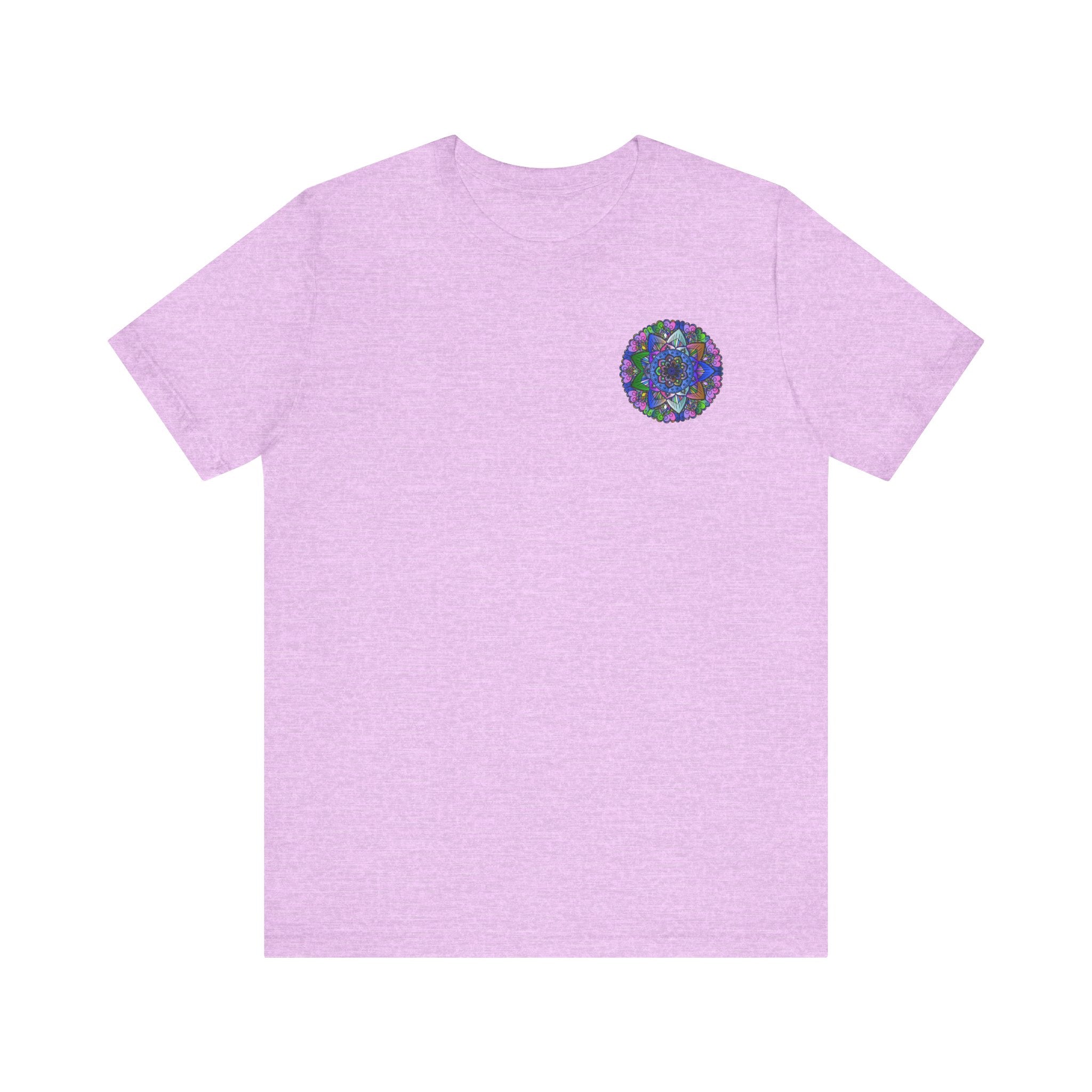 Vibrant mandala t-shirt with intricate design, featuring spiritual symbols for inner peace and tranquility, perfect for yoga and meditation enthusiasts