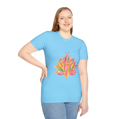 Light blue unisex t-shirt with hand-drawn lotus mandala design by Blululi