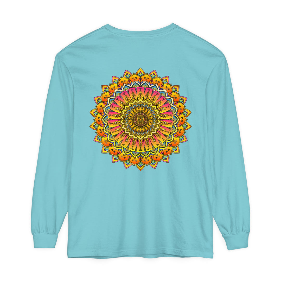 Vibrant and colorful mandala design on a relaxed fit unisex long sleeve t-shirt