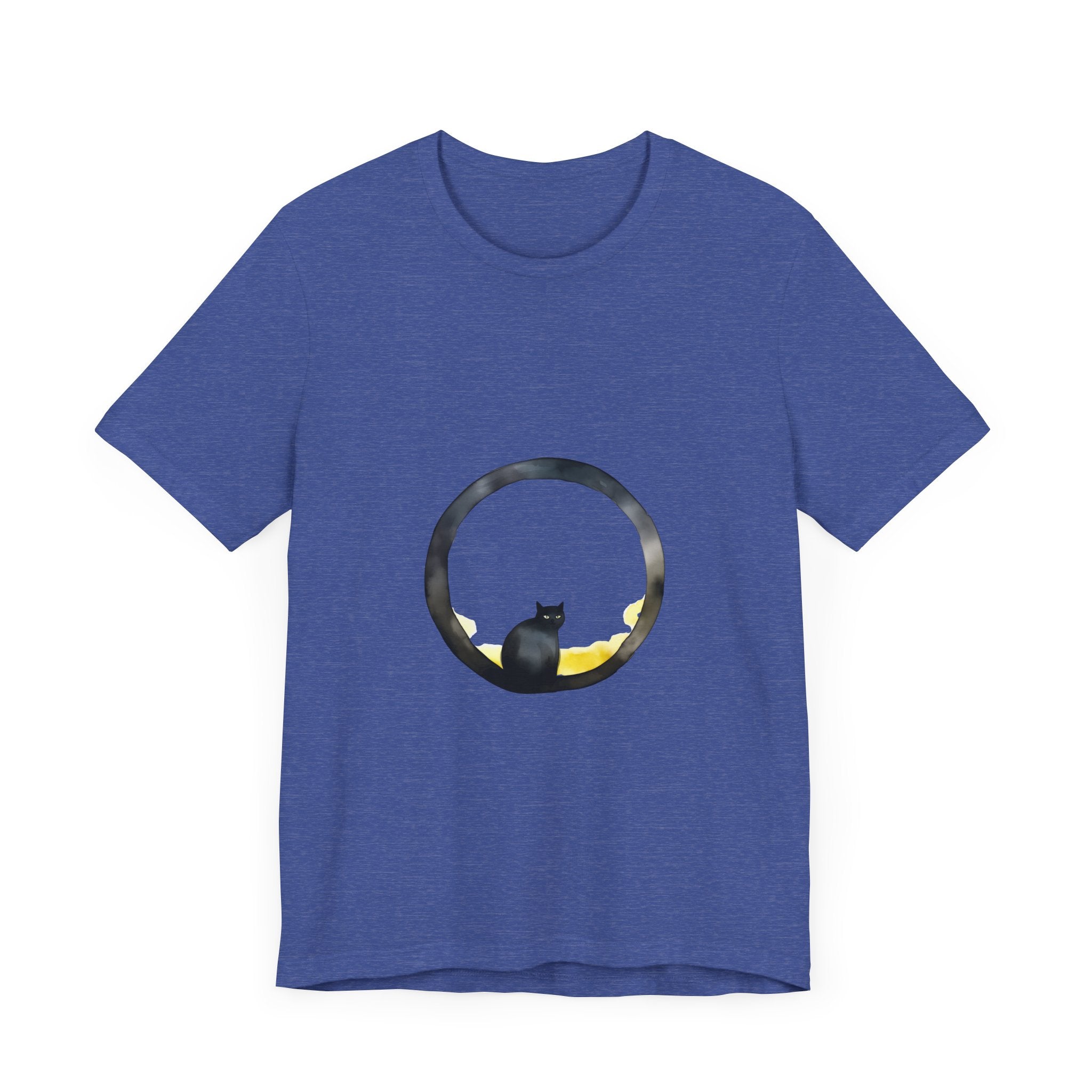 Black Cat Moon Tee - Whimsical Style: A black t-shirt featuring a mystical black cat sitting on a crescent moon under the night sky