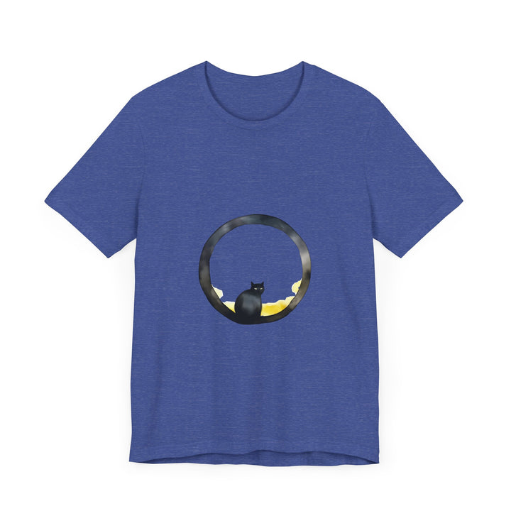 Black Cat Moon Tee - Whimsical Style: A black t-shirt featuring a mystical black cat sitting on a crescent moon under the night sky