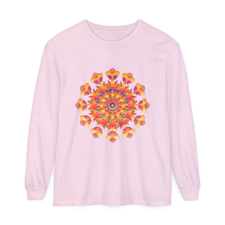 Colorful and intricate mandala design long sleeve t-shirt, suitable for both men and women, available in various sizes and vibrant colors