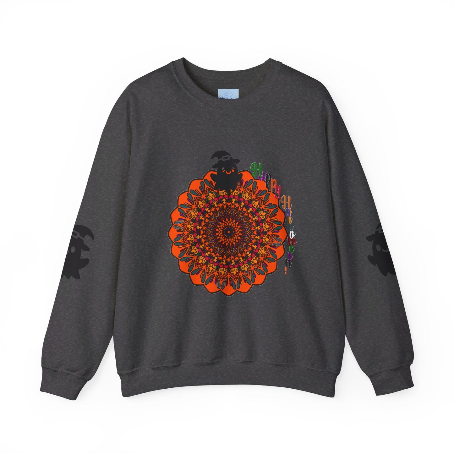 A cozy Unisex Heavy Blend™ Crewneck Sweatshirt featuring adorable ghost designs, perfect for Halloween festivities and spooky season