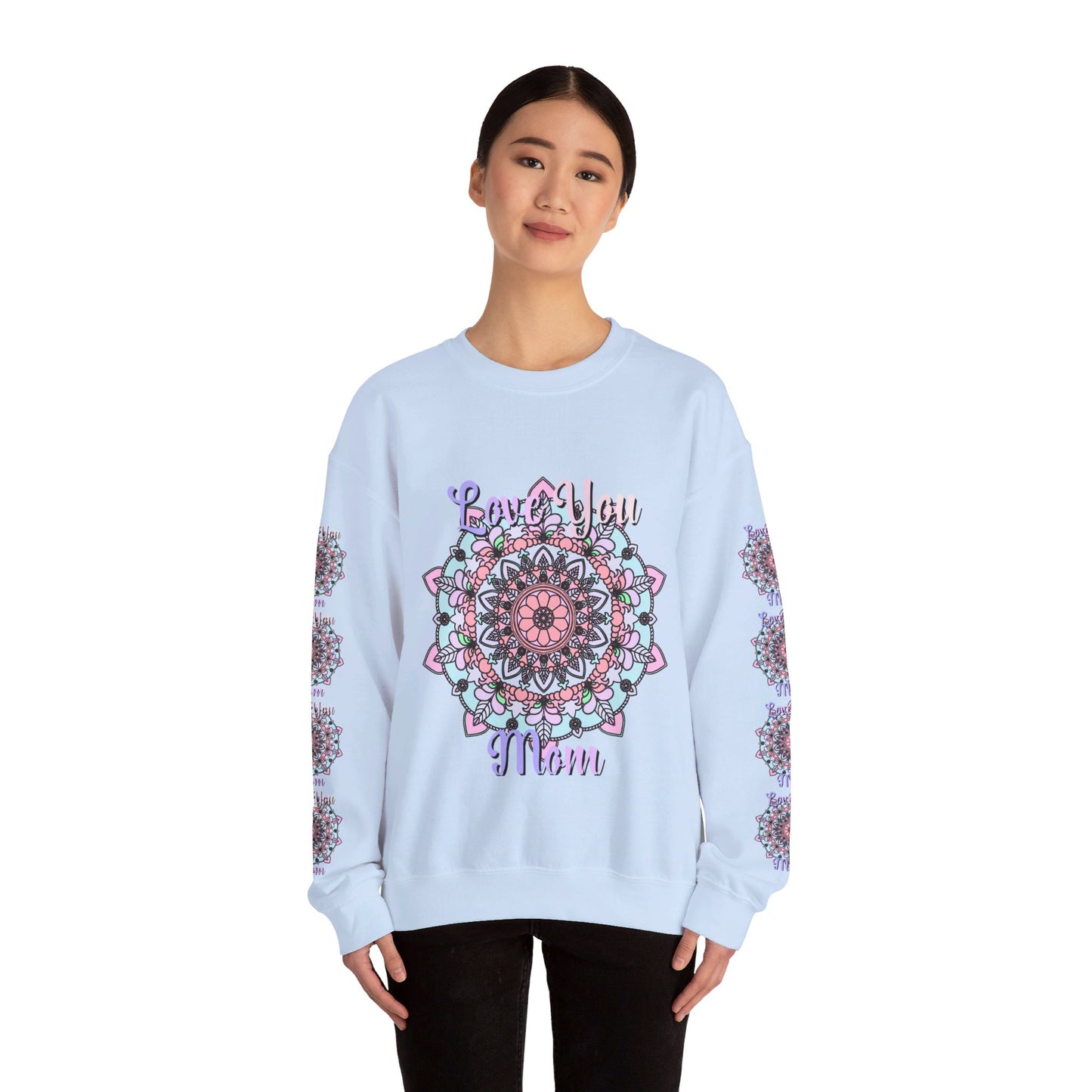 Unisex heavy blend crewneck sweatshirt in grey, with 'Love You Mom' design, perfect birthday gift for mom