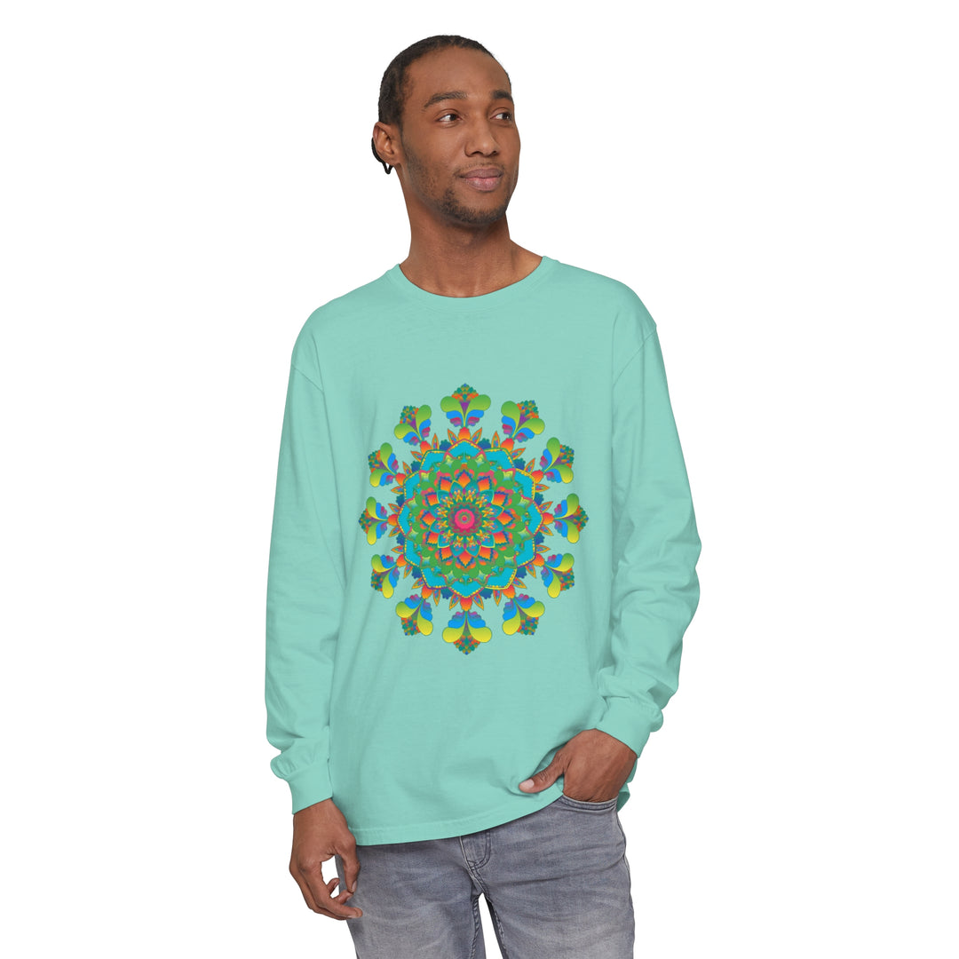 Colorful and vibrant long sleeve tie dye shirt with psychedelic mandala design