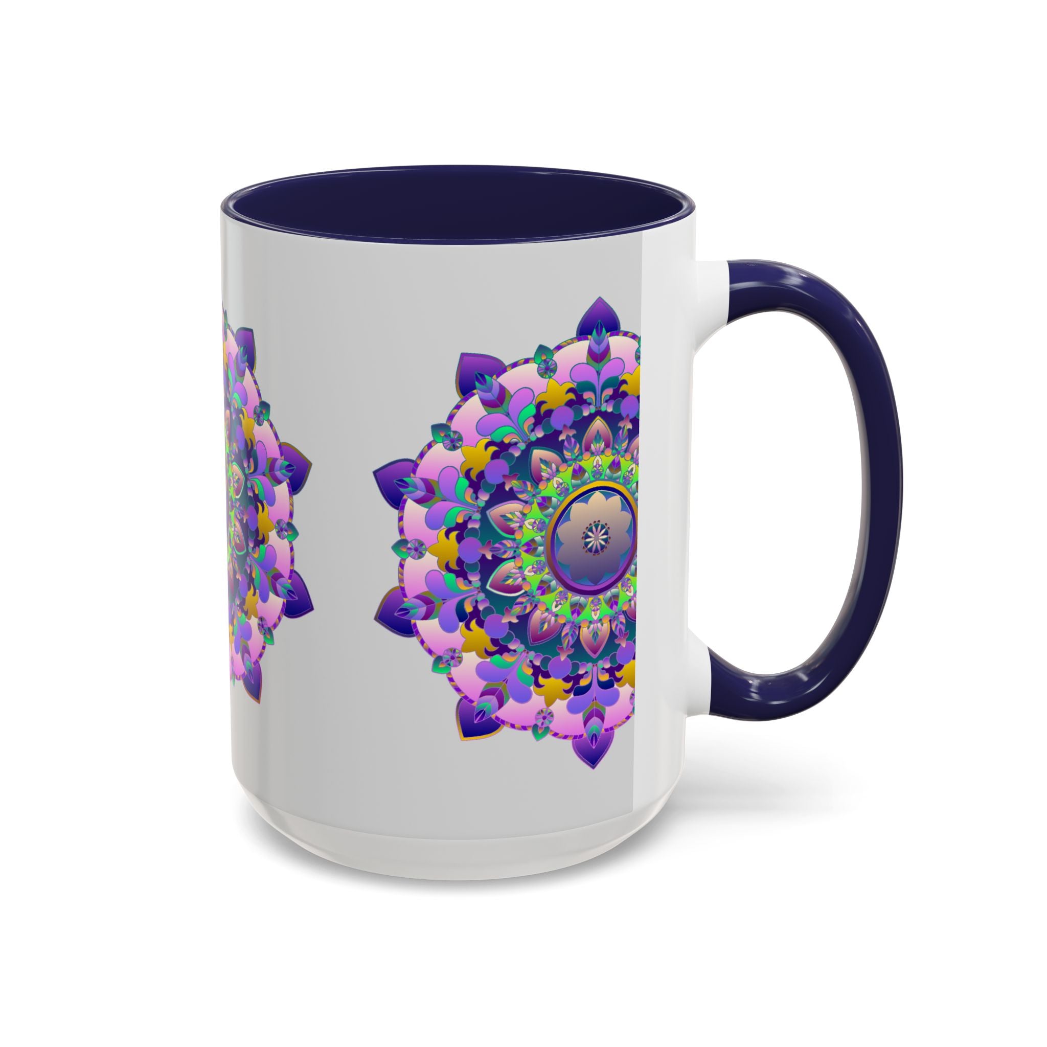 Beautiful ceramic mug with a vibrant floral mandala design in various colors