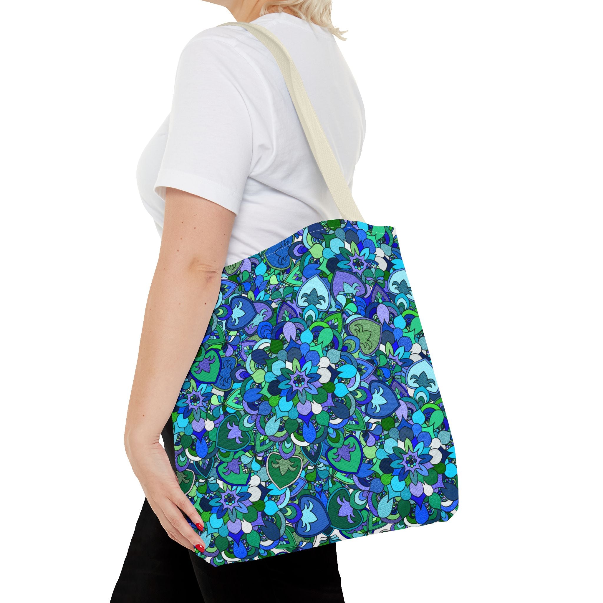 Blue Green Floral Mandala Tote Bag — Vibrant All-Over-Print Shopper