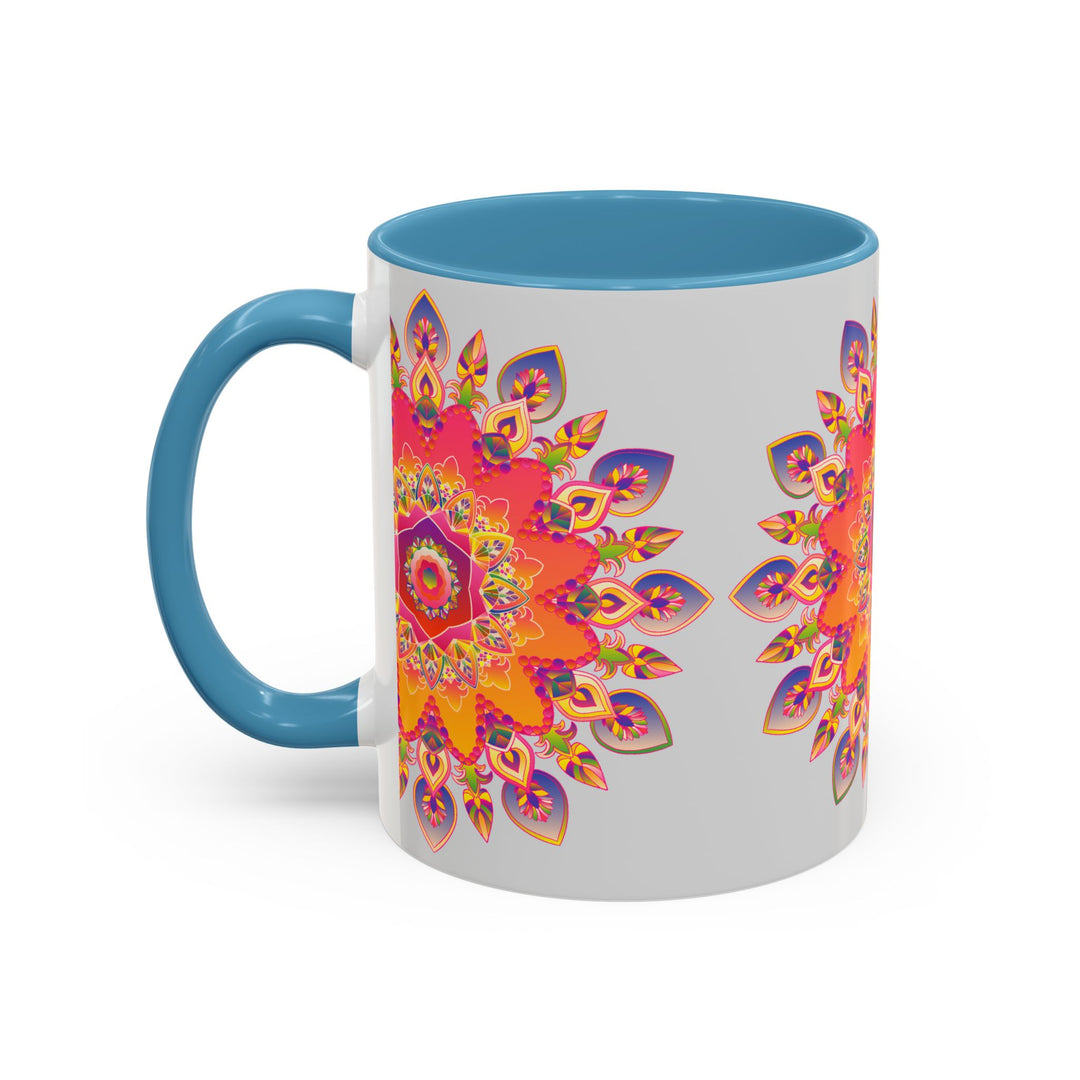 A vibrant mandala art mug featuring intricate designs and rich colors on a grey background