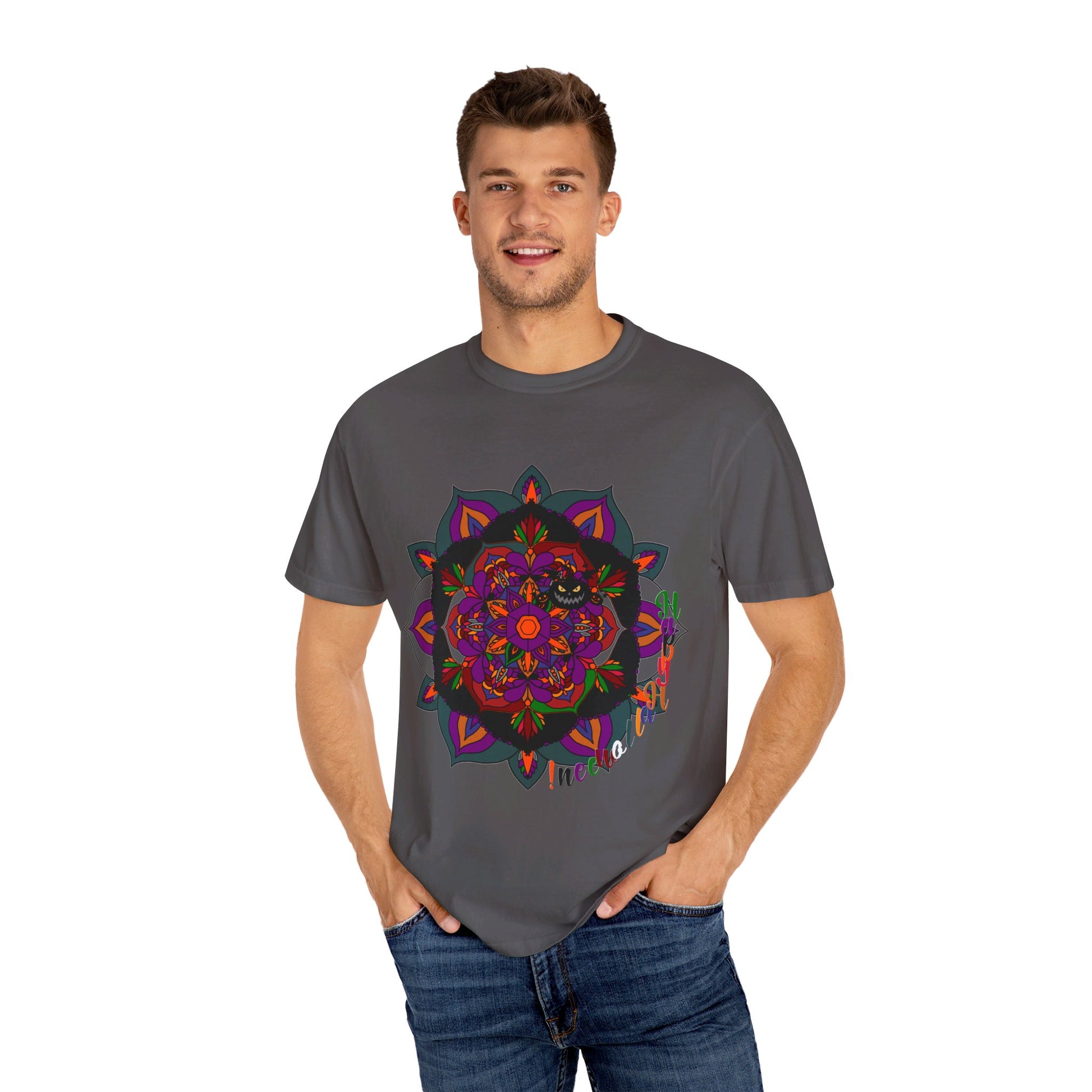 Unisex Halloween Mandala T-shirt featuring handmade Pumpkin Mandala Art on garment-dyed tee