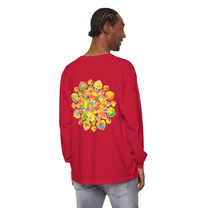 A vibrant and colorful long sleeve T-shirt featuring a psychedelic mandala design