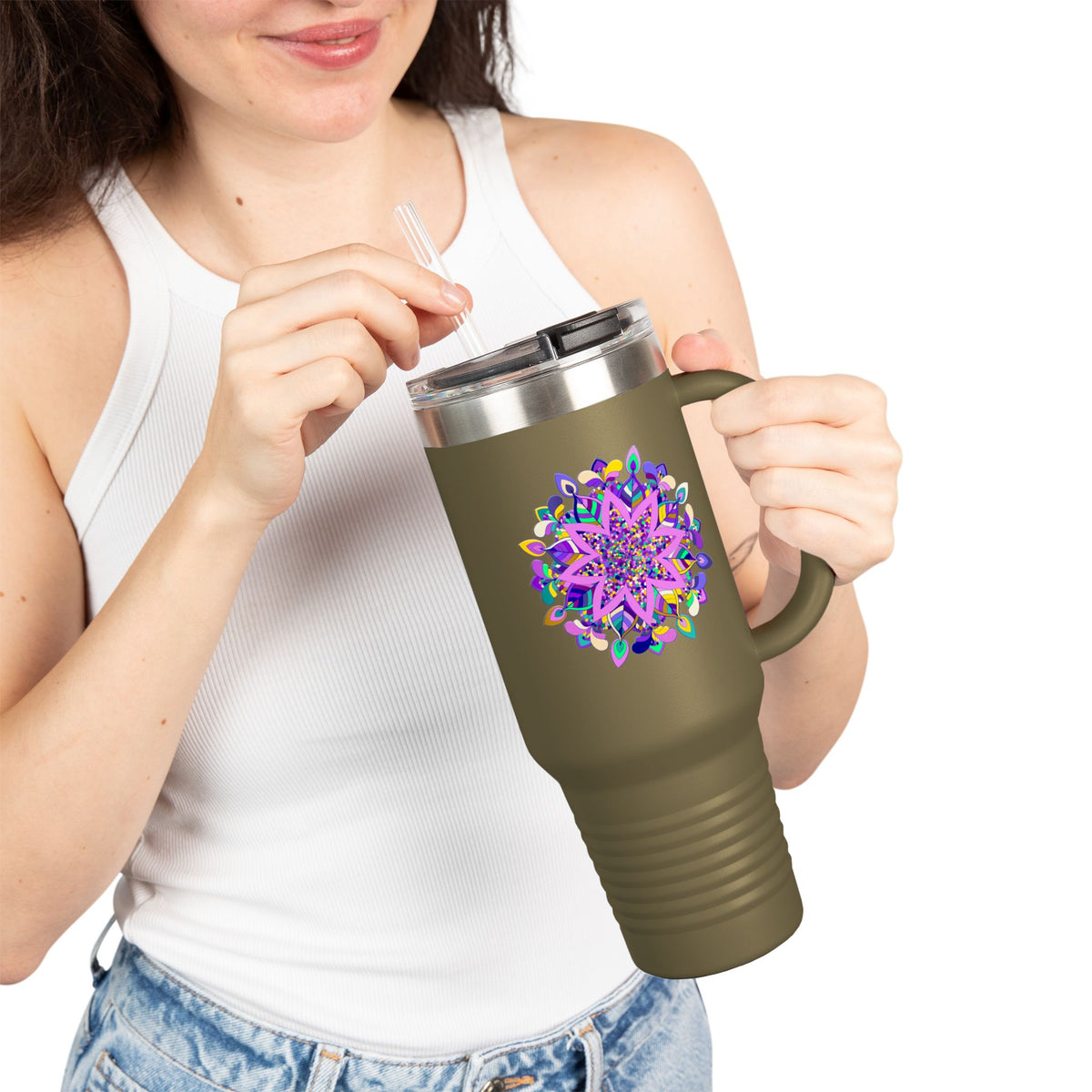 40oz Insulated Travel Mug — Purple Floral Mandala Design
