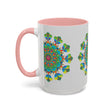 A beautiful mandala art mug with vibrant colors on a grey background