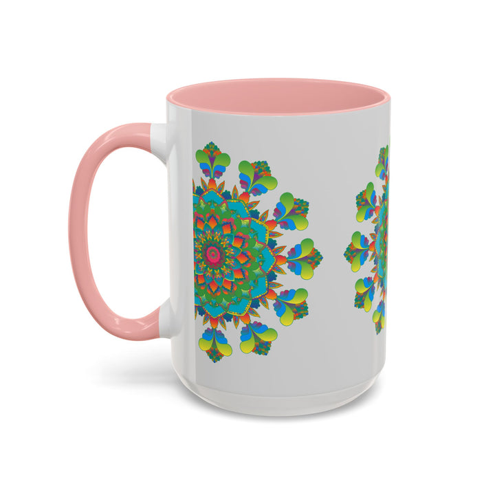 A beautiful mandala art mug with vibrant colors on a grey background