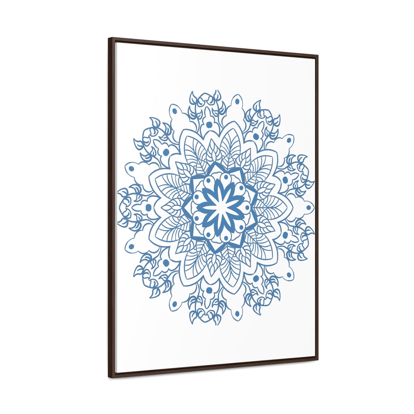 A beautiful steel blue Mandala Handmade Art, featuring intricate design, perfect for decorating your wall with a gallery wrapped canvas and vertical frame