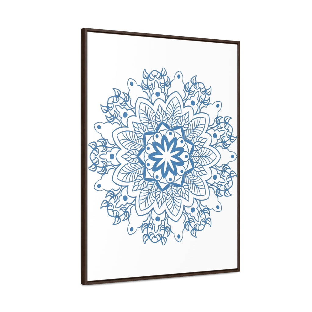 A beautiful steel blue Mandala Handmade Art, featuring intricate design, perfect for decorating your wall with a gallery wrapped canvas and vertical frame