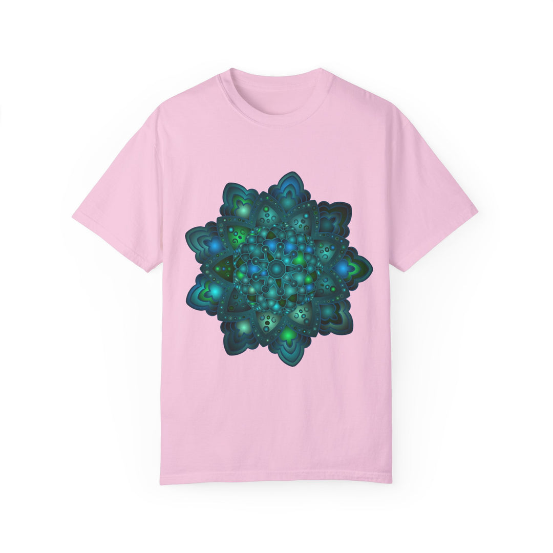 Unisex t-shirt featuring an intricate blue and green mandala design