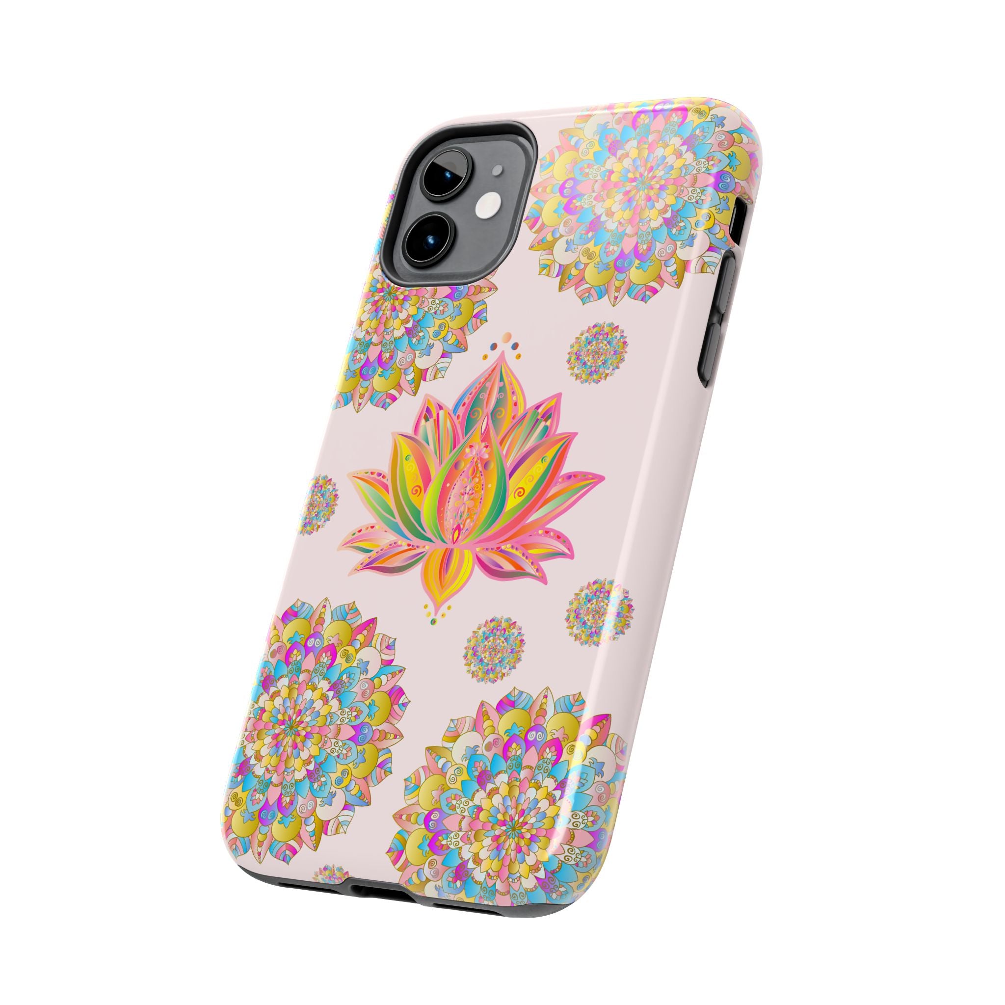 Protective light pink phone case with beautiful lotus flower mandala design