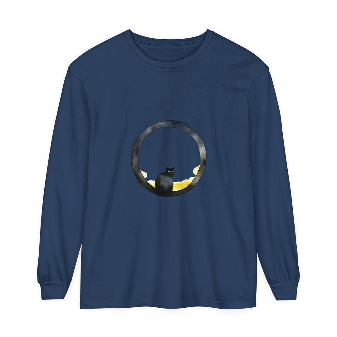 Black Cat Moon Glow Long Sleeve T-Shirt: A black, long-sleeve shirt with a moonlit cat design