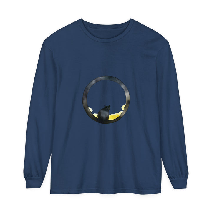 Black Cat Moon Glow Long Sleeve T-Shirt: A black, long-sleeve shirt with a moonlit cat design