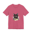 A black cat with striking yellow eyes printed on a high-quality t-shirt
