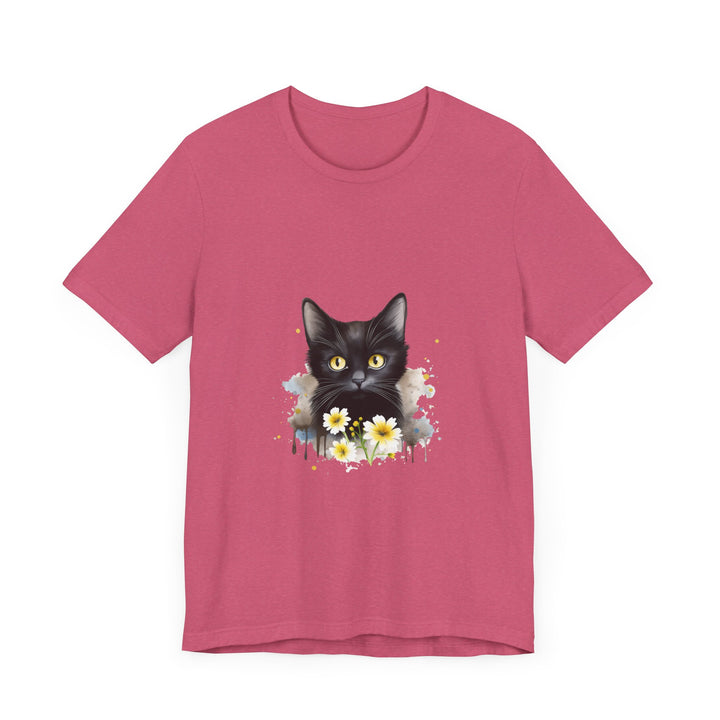 A black cat with striking yellow eyes printed on a high-quality t-shirt