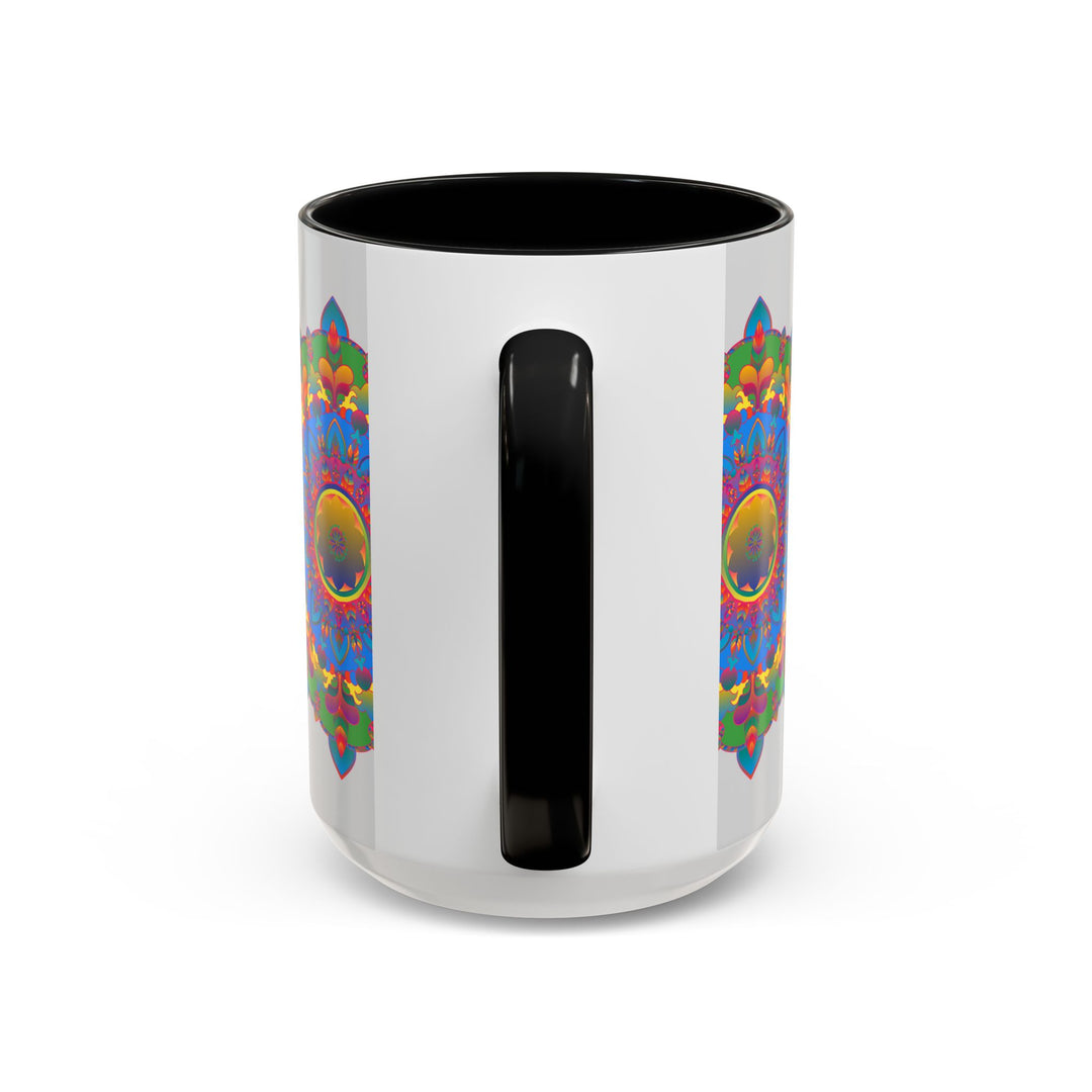 Colorful and captivating mandala flower design on grey mug