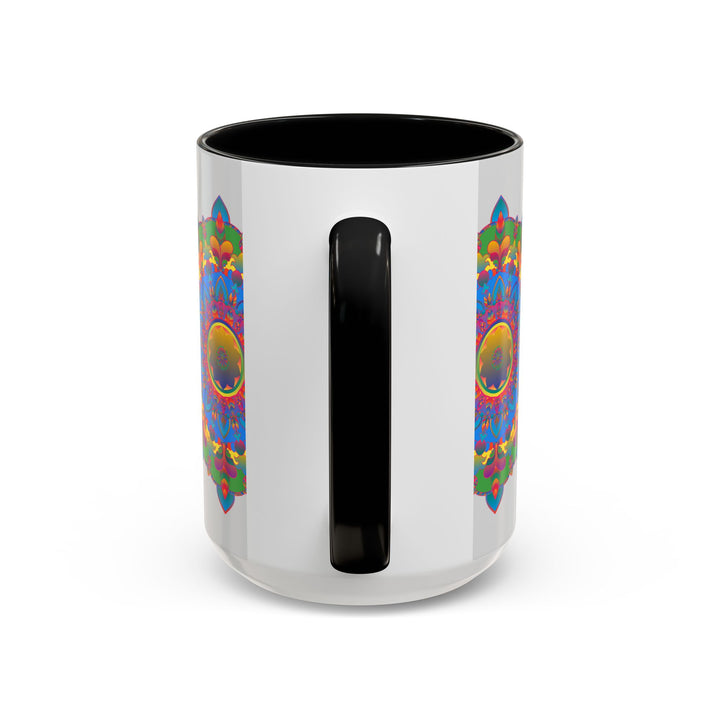 Colorful and captivating mandala flower design on grey mug