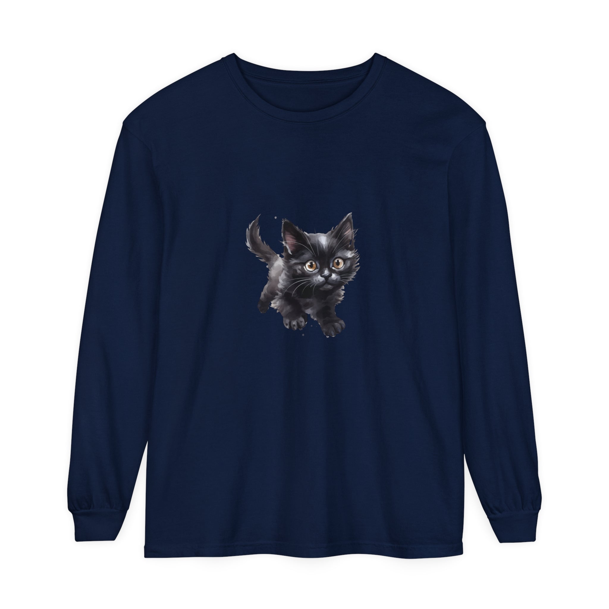 Adorable watercolor image of a playful kitten printed on a t-shirt