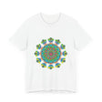 A vibrant and colorful tie-dye t-shirt featuring a psychedelic mandala design