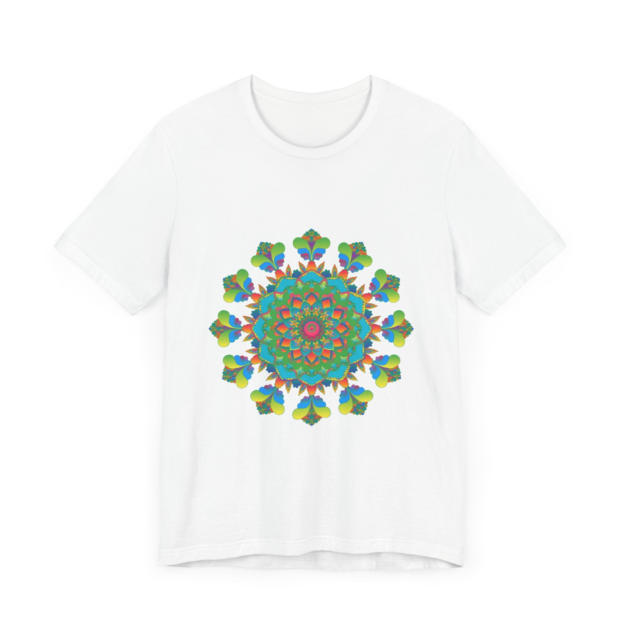 A vibrant and colorful tie-dye t-shirt featuring a psychedelic mandala design