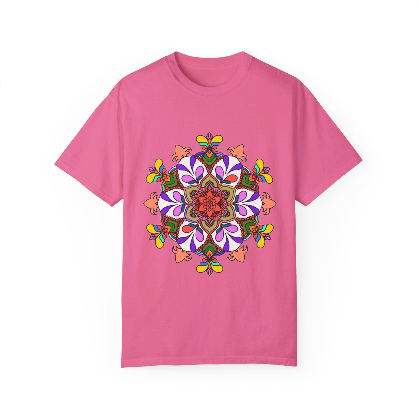 Unisex mandala t-shirt made from 100% ring-spun cotton, featuring hand-drawn mandala art and garment-dyed for extra comfort